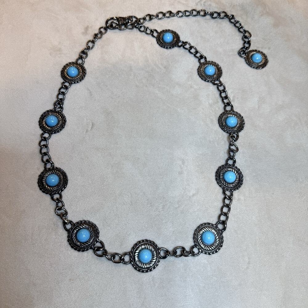 Faux Turquoise Link Chain Necklace, Boho, Native, Costume